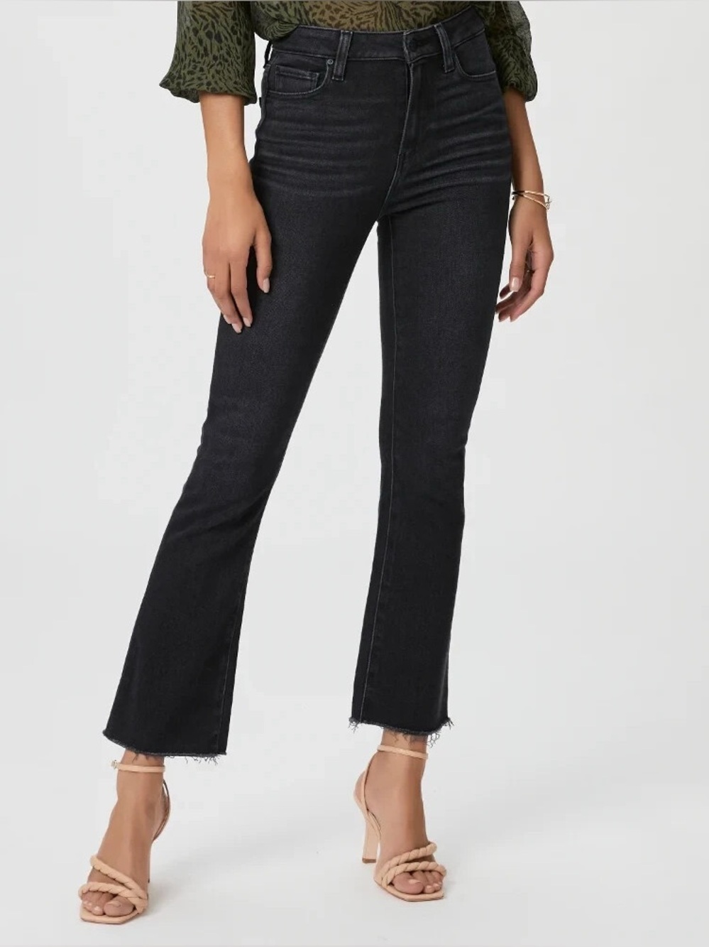 PAIGE JEANS CLAUDINE HIGH RISE ANKLE FLARE BLACK LOTUS RAW HEM SIZE 26